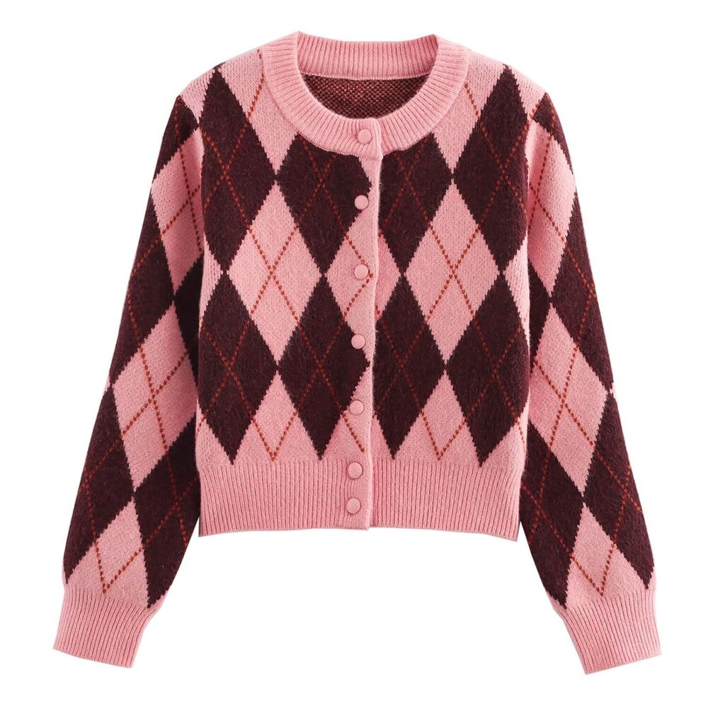 Argyle Sweater Women Vintage Knit Cardigan Sweater Long Sleeve Button